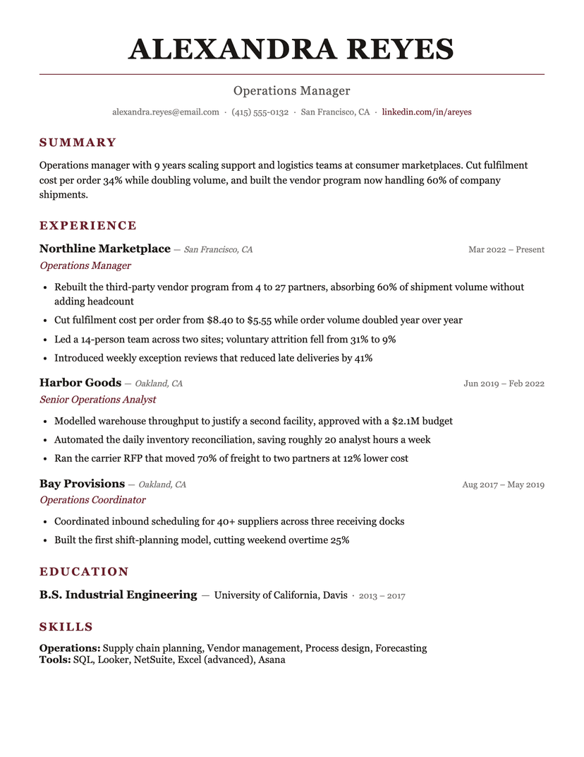 Burgundy resume template — ATS-friendly, free Word, PDF and Google Docs download