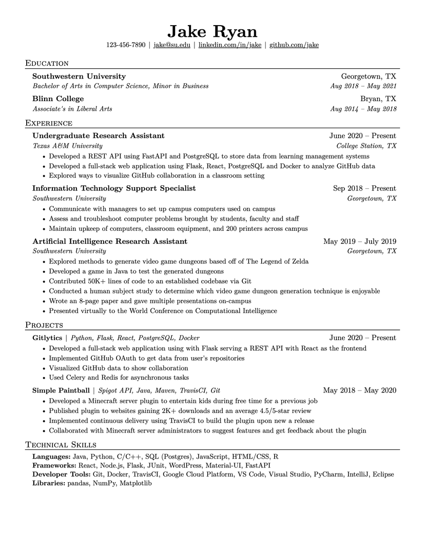 Jake's Resume resume template — ATS-friendly, free Word, PDF and Google Docs download