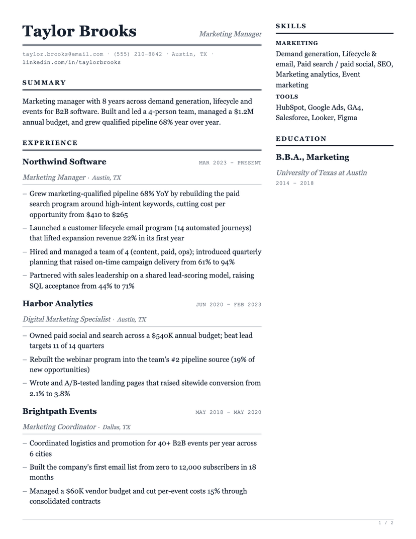 Ledger Two resume template — ATS-friendly, free Word, PDF and Google Docs download